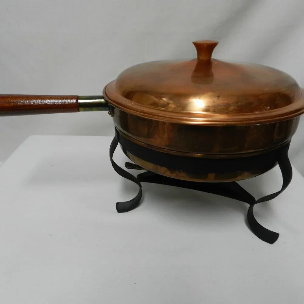 Old Dutch Design Brass Copper Chafing Dish Teak Wood Handle Vintage Mid Century